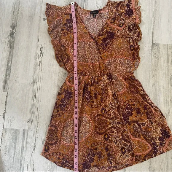 Weavers Mini Dress XS Brown Red Ruffle V-Neck Elastic Waist Festival Boho Summer - Picture 6 of 7